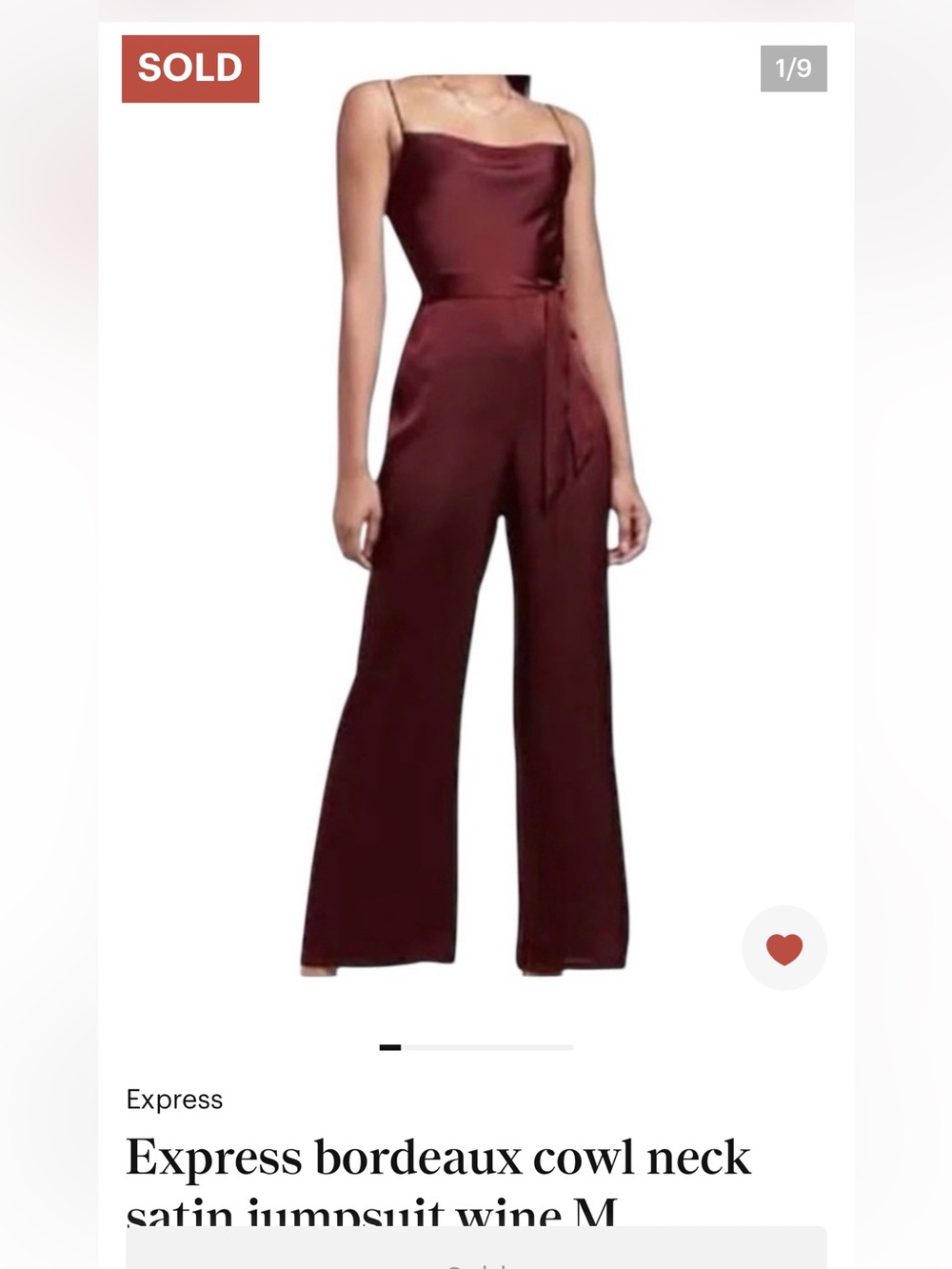 Express bordeaux cowl neck satin jumpsuit wine M adjustable straps w belt - Picture 2 of 3